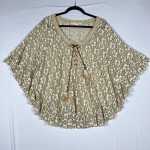 Boston‎ Proper Floral Lace Poncho Top L Beige Ruffled Feather Beaded Hippie Boho